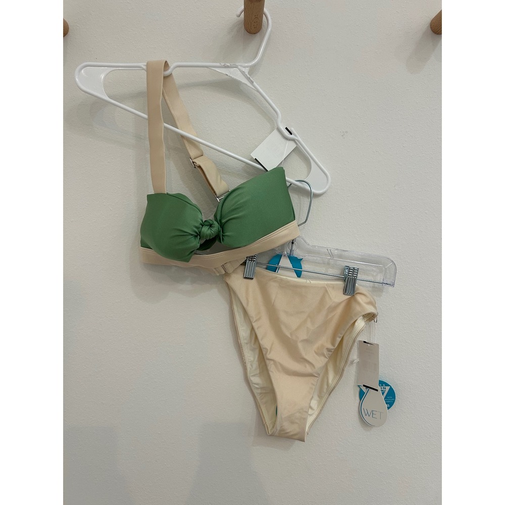 WET Jade Bikini Set Sage Ivory One Shoulder Knotted Top High Leg Bottom Size XS